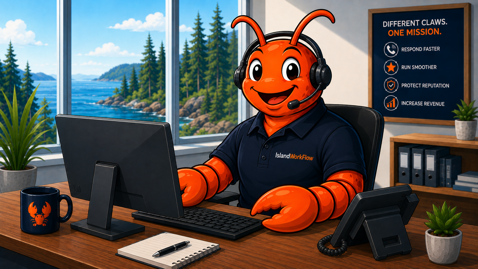 Island Workflow lobster call agent answering the phone at a computer