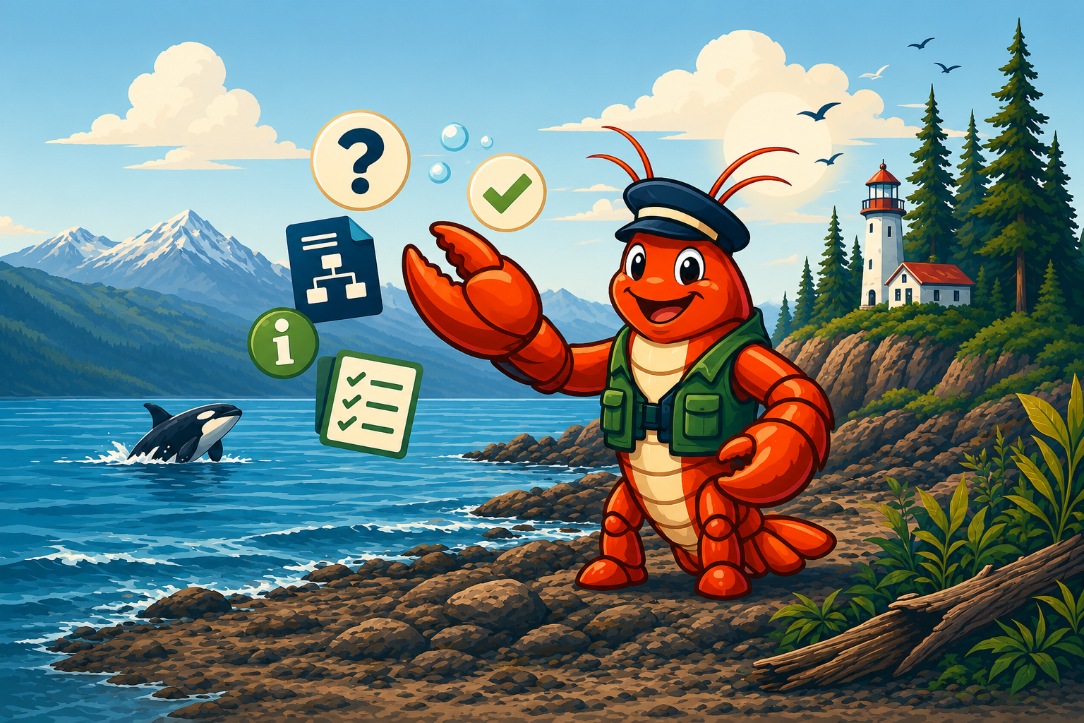 Island Workflow lobster mascot on a Vancouver Island shoreline