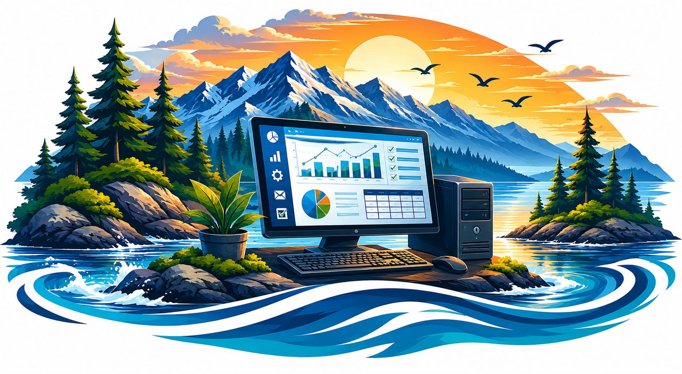 Island Workflow dashboard in a Vancouver Island coastal landscape