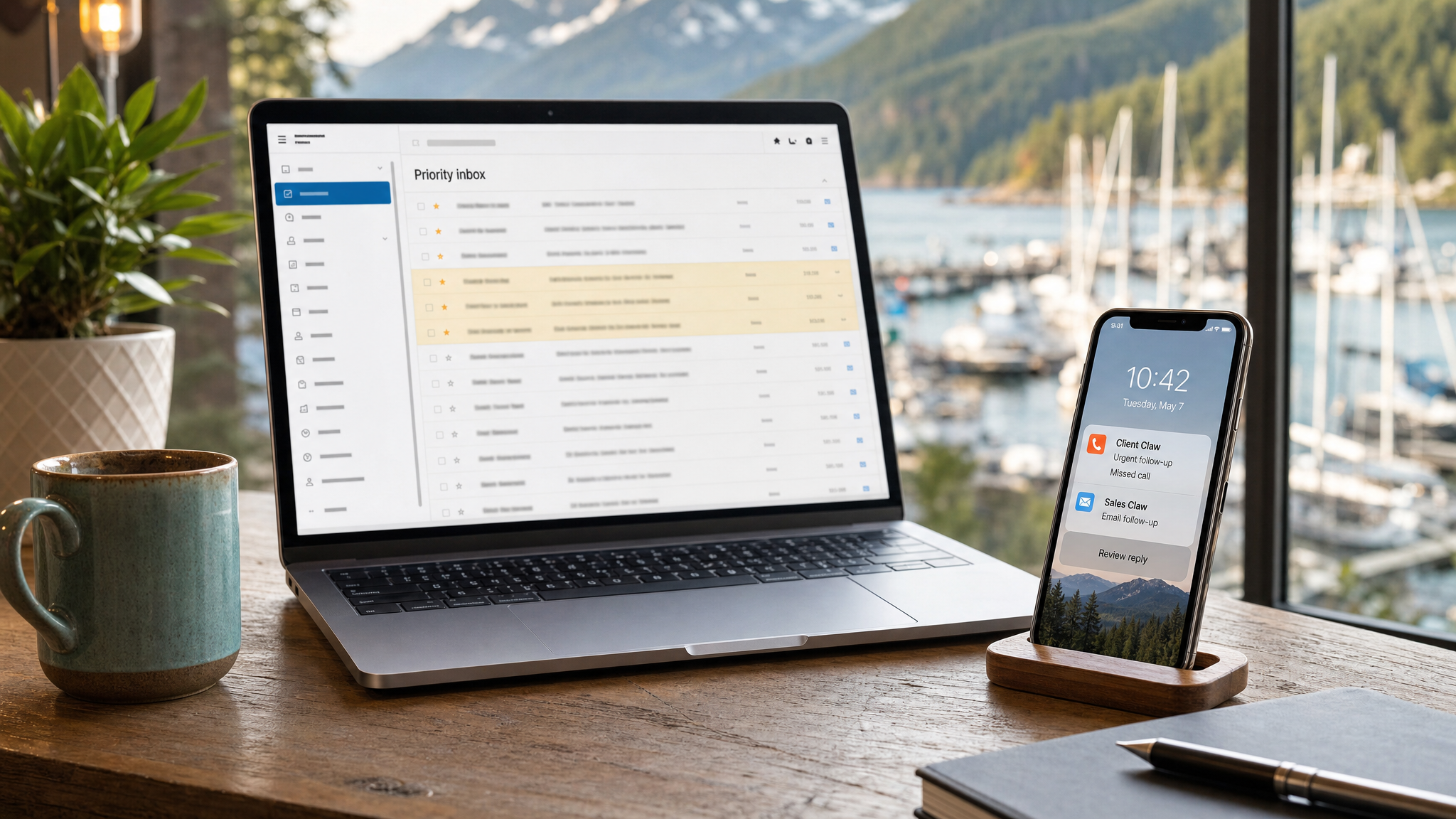 Laptop priority inbox and phone Client Claw notification on a Vancouver Island desk