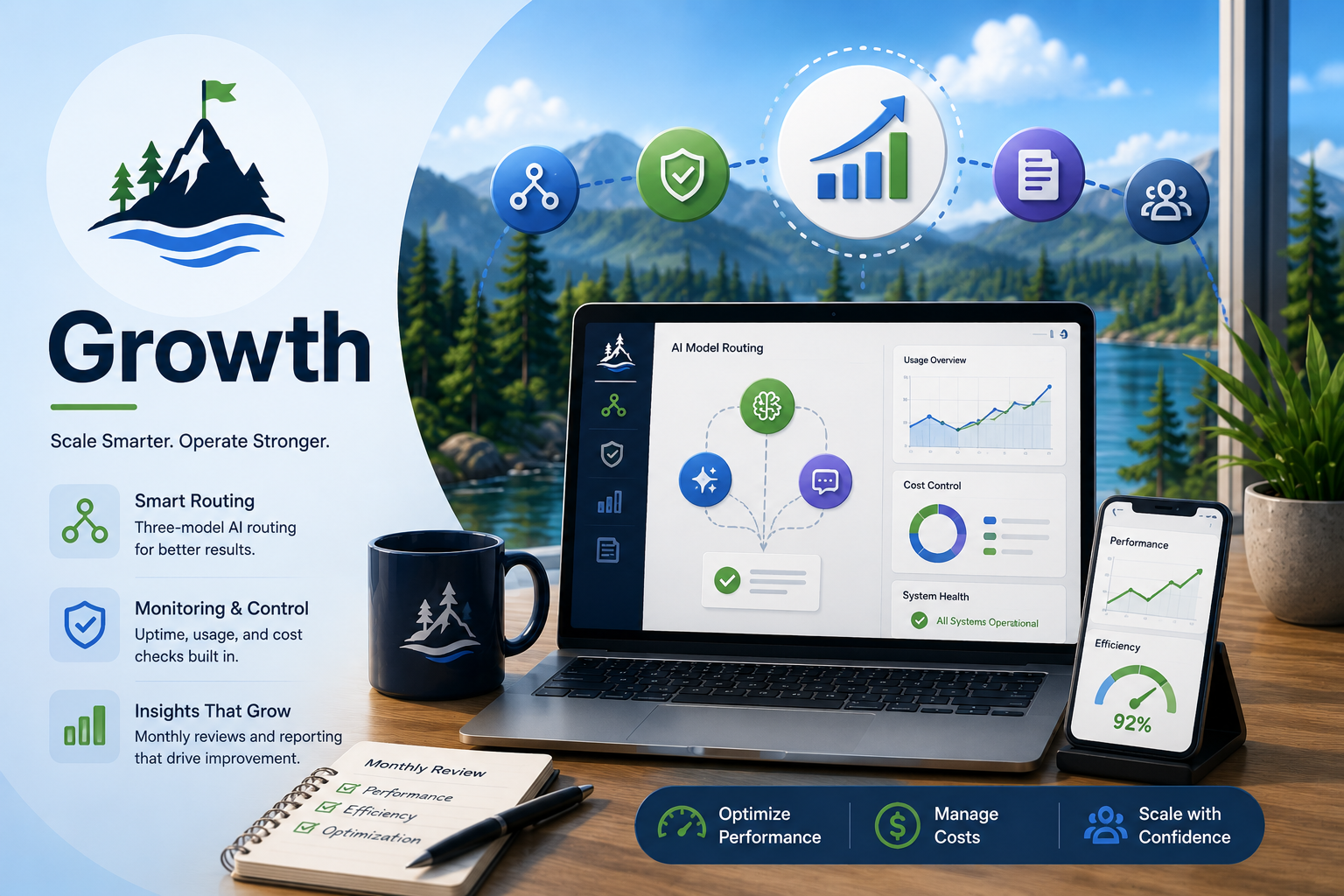 Growth package for active Claws with routing, monitoring, fallback planning, and reporting