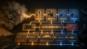 Glowing music prompt workflow cards showing microphone, drums, bass, guitar, waveform, and excluded generic sound.