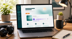 A laptop showing a WordPress-style page with a clean embedded audio player, headphones, and a notebook nearby.
