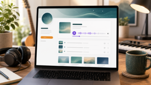 A laptop showing a clean AI music artist page with an embedded player, headphones, notebook, and music gear nearby.