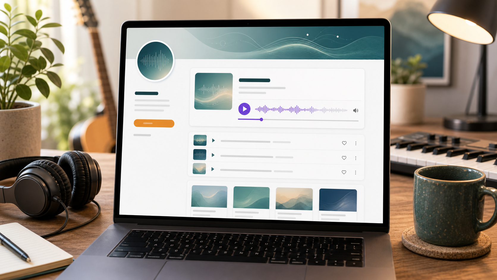 A laptop showing a clean AI music artist page with an embedded player, headphones, notebook, and music gear nearby.