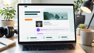 A laptop showing a clean website page with an embedded music player, representing how to embed Suno music on WordPress.