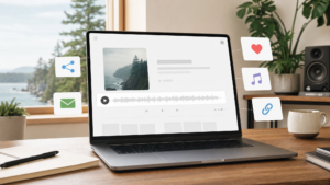 A laptop showing a music page with an embedded player and sharing cards, representing ways to share Suno songs outside of Suno.