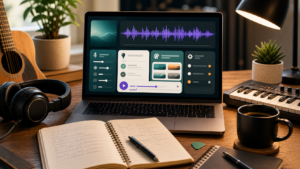 A warm creator desk with a laptop showing abstract AI music prompt controls, headphones, notebook, guitar, and MIDI keyboard.