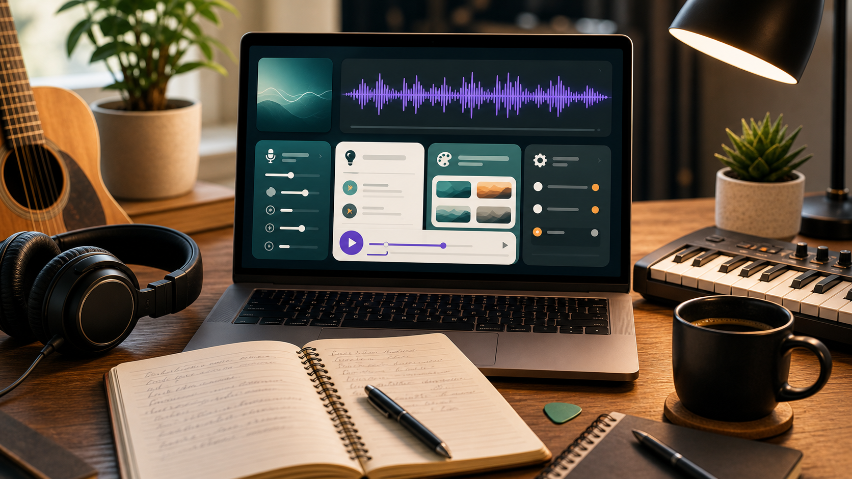 A warm creator desk with a laptop showing abstract AI music prompt controls, headphones, notebook, guitar, and MIDI keyboard.