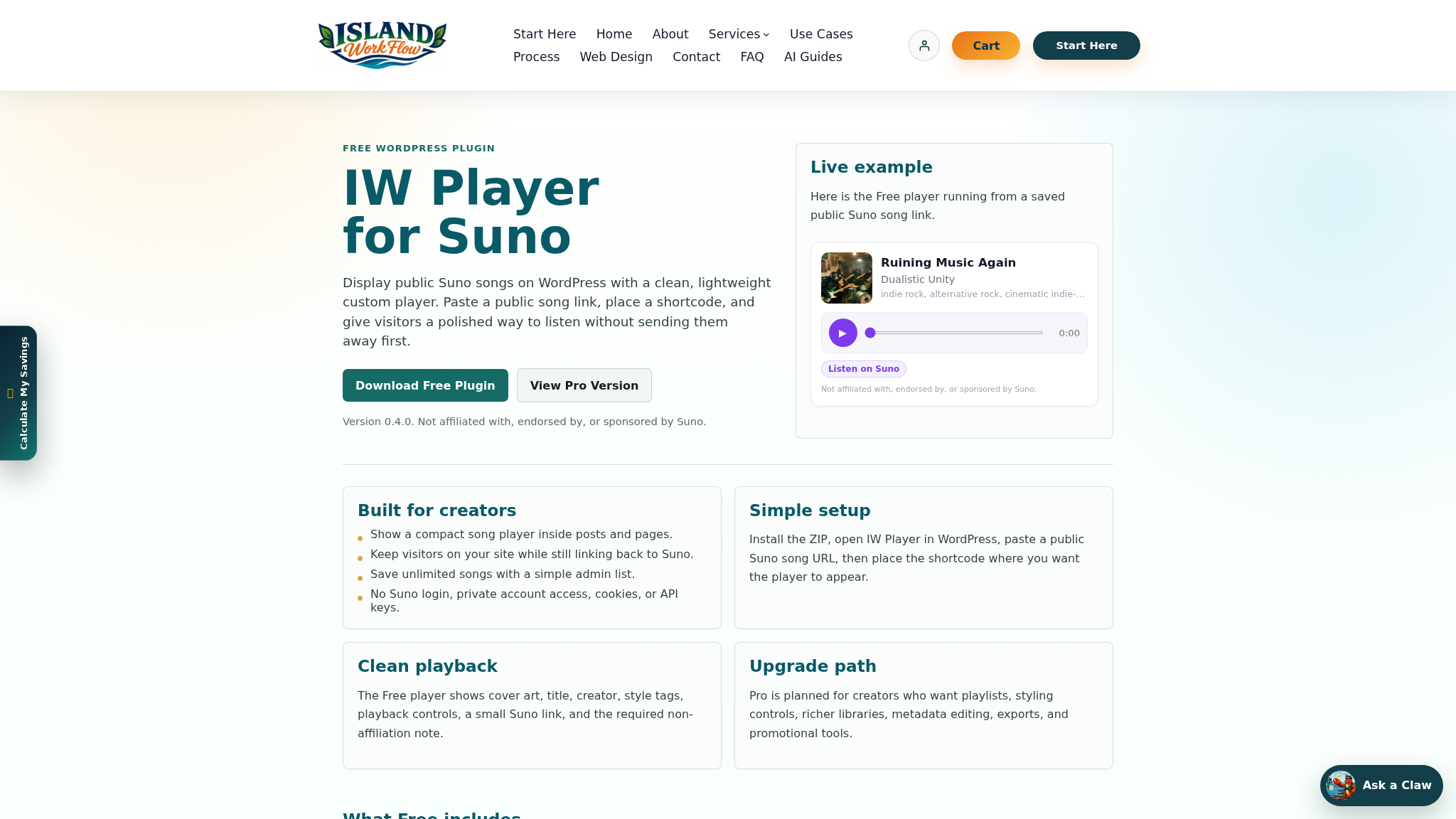 IW Player for Suno embedded player screenshot on a WordPress page.